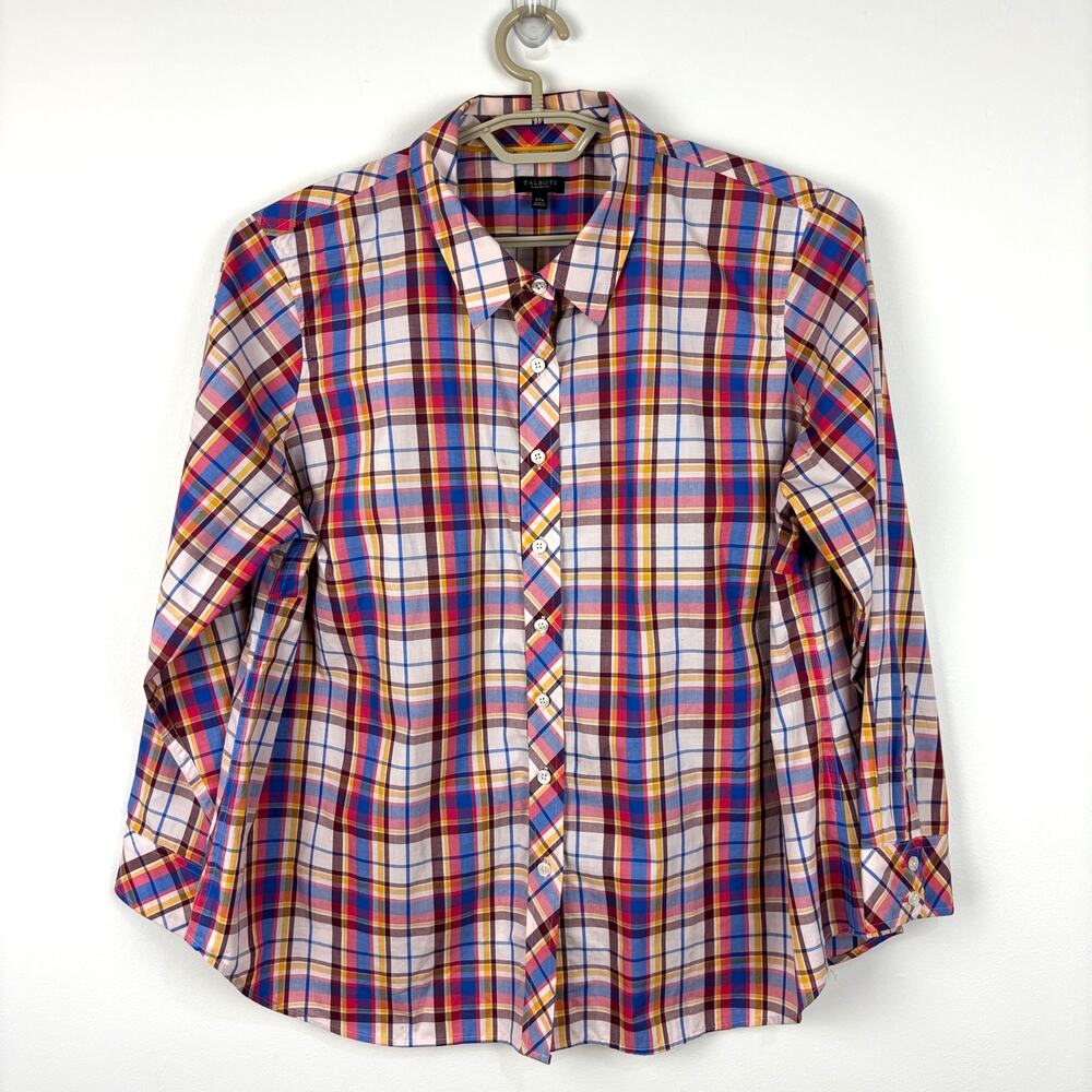Talbots 2X Petite Plaid Cotton Button Shirt Preppy Americana Country *spot stain